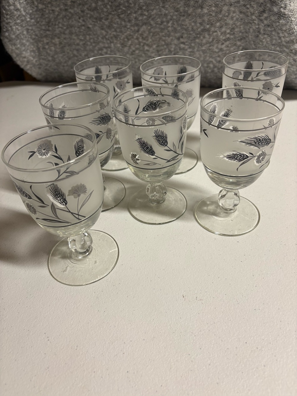 Vintage Libby  Floral Etched Glass Goblets - Set of 7 Gray Floral Design